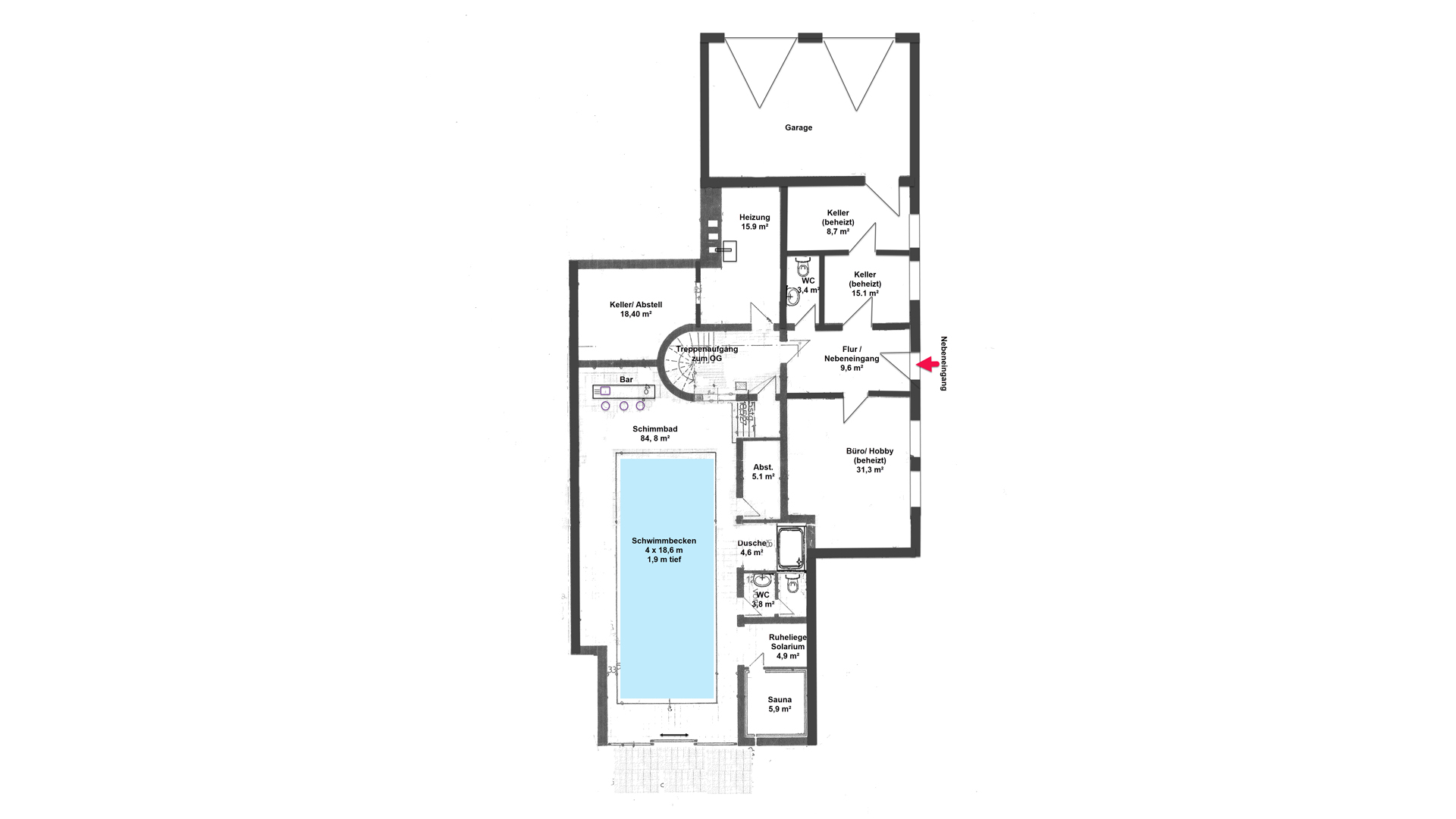 Morsbach: Bauunternehmer-Bungalow mit Schwimmbad und Doppelgarage, Untergeschoss: 255 m² Nutzfläche